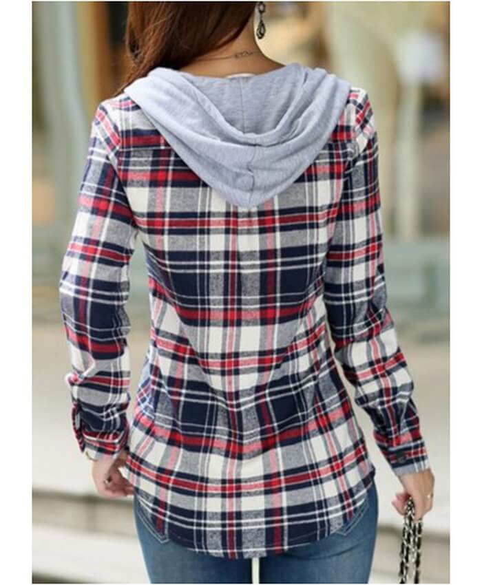 Hooded Collar Button Up Plaid Print Blouse